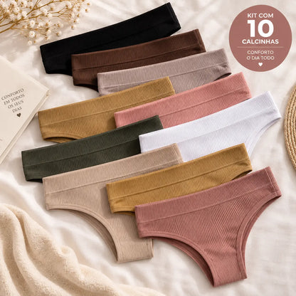(KIT COM 10) Calcinhas em  100% Algodão Canelado Premium - Confort