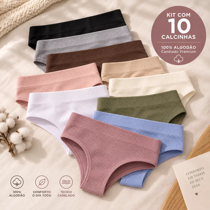 (KIT COM 10) Calcinhas em  100% Algodão Canelado Premium - Confort