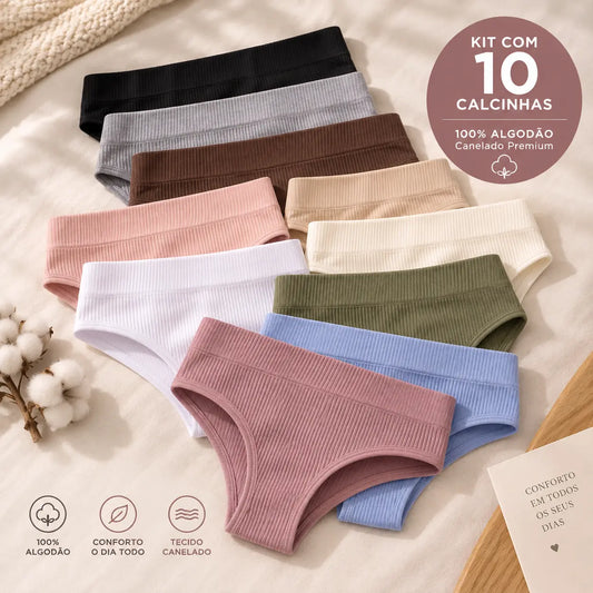 (KIT COM 10) Calcinhas em  100% Algodão Canelado Premium - Confort